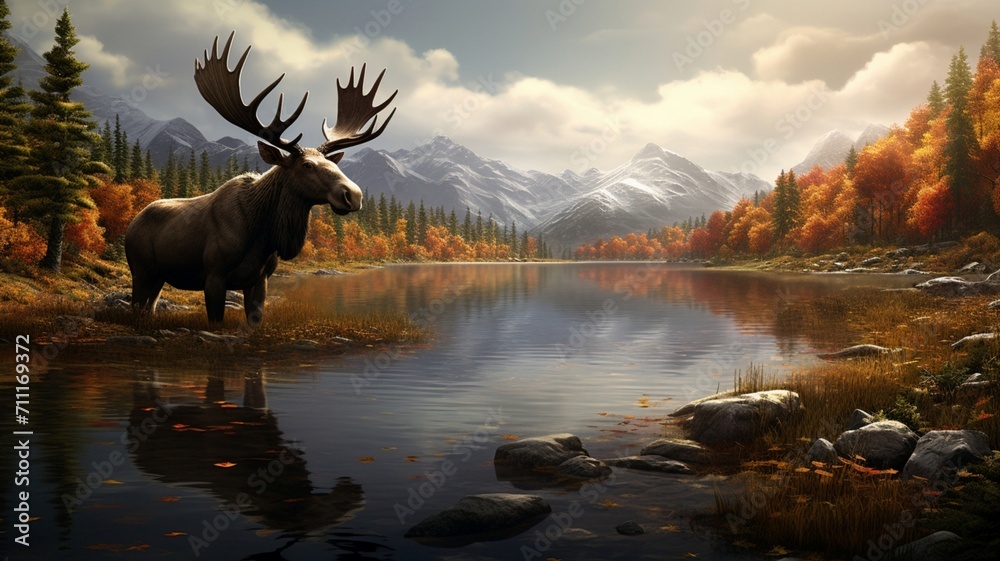 Majestic Elk Deer Grazing by the Riverside with Scenic Nature Background - AI-Generative Majestic Elk Deer Grazing by the Riverside with Scenic Nature Background - AI-Generative