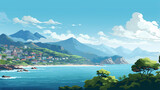 pixel art landscape with summer ocean beach 8 bit city park with mountain and blue sky