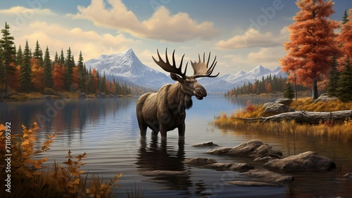Majestic Elk Deer Grazing by the Riverside with Scenic Nature Background - AI-Generative