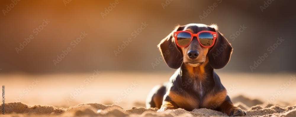 Funny dog wearing red sunglasses laying in the sand at the beach sea on ...