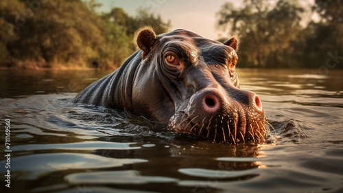 Graceful Hippopotamus Rising from Rippling Waters - AI-Generative