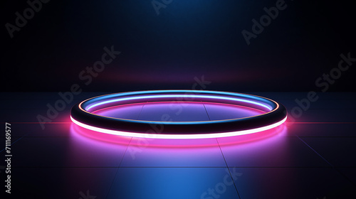 ring shaped neon light on floor on the dark background