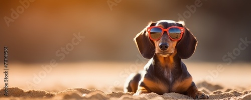 Funny dog wearing red sunglasses laying in the sand at the beach sea on vacation. Sunny ocean shore. Summer holiday by the sea photo