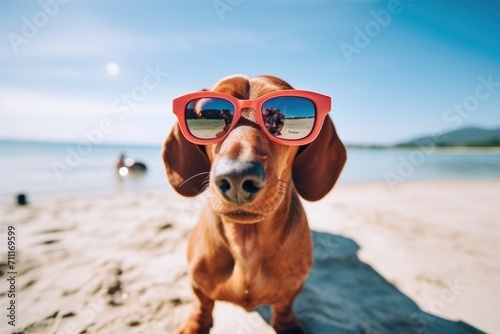 Funny dog wearing red sunglasses sitting in the sand at the beach sea on vacation. Sunny ocean shore. Summer holiday by the sea