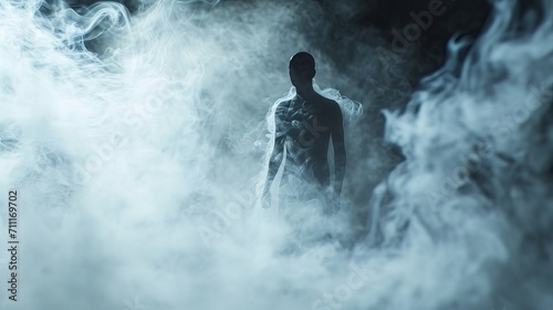 Silhouette of a Person Emerging from Dense, Swirling Smoke in a Dark, Mysterious Atmosphere