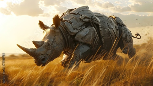 Armor Rhinoceros Running In Savana