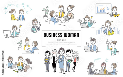 ベクターイラスト素材：いきいきと楽しく働く女性ビジネス人物セット
