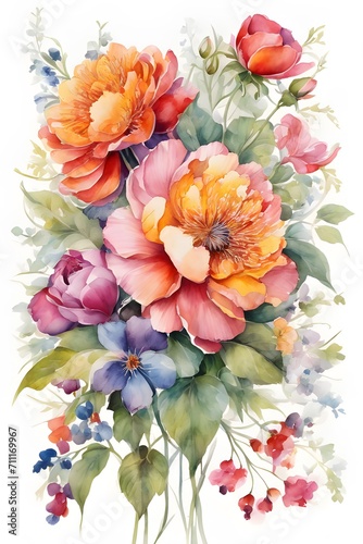 Watercolor painting of beautiful peonies. Greeting card for Valentine's Day, birthday, wedding, anniversary or Mother's Day 