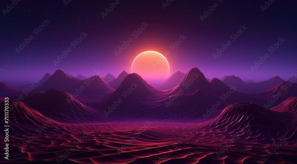 Futuristic purple neon light landscape background mixed with retro in classic colors.