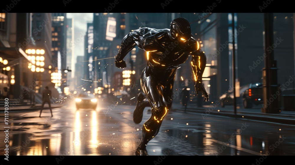 Metallic Glowing Figure Sprinting Through Illuminated City Street at Night