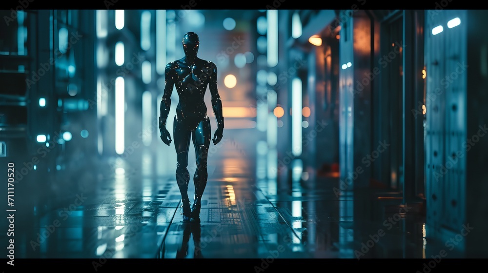 Fototapeta premium Futuristic Robot Walking in Illuminated Corridor with Reflective Surface and Ambient Lighting