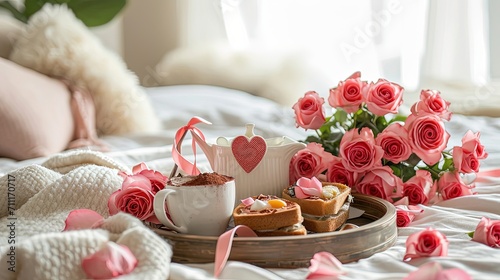 Valentine Tray with Breakfast and Bouquet Flower Roses