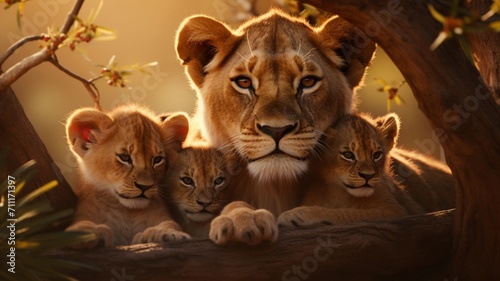 Majestic Lioness Playfully Engaging with Curious Cubs in Golden Savanna - AI-Generative