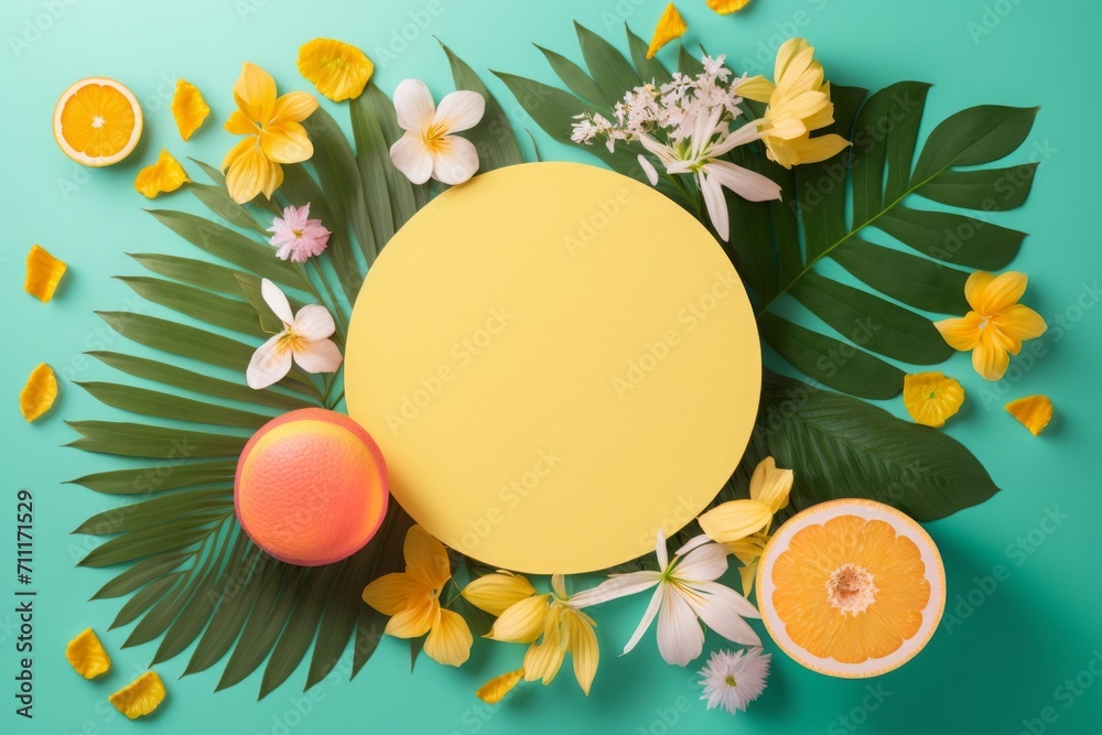Summer blooms and tangy citrus. Top view flat lay of alstroemeria flowers with sliced oranges, grapefruit, lime, and lemon on a white teal background with palm leaves and an empty, Generative AI