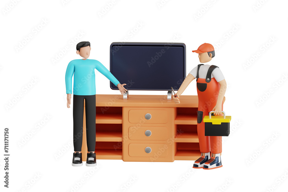 Engineer is repairing television 3d illustration. 3d illustration of technician repairing television Engineer is repairing television 3d illustration. 3d illustration of technician repairing television