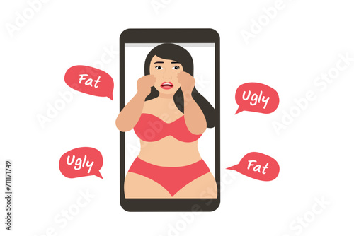 Cyber bullying concept, fat woman depressed with bullying words, hate speech from online social media vector illustration