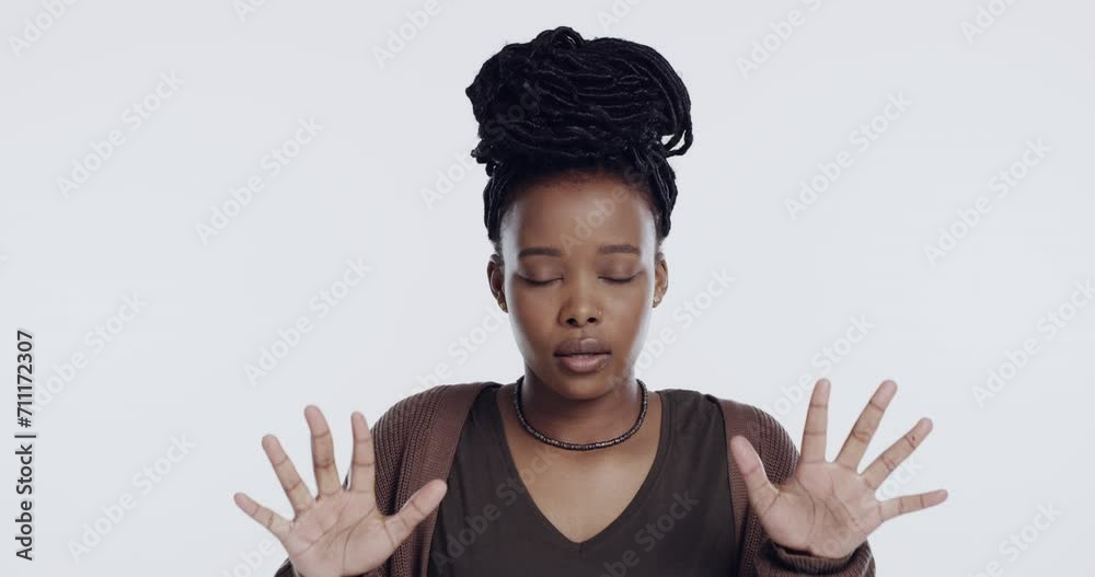 Frustration, stress and face of black woman in a studio with disappointed, problem or upset mockup. Annoyed, portrait and African female person with angry emotion or expression by white background.