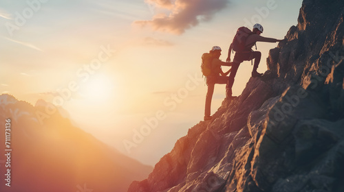 Teamwork Concept with Man Helping Friend Reach the Mountain Top | TAGS: Inspirational, outdoor adventure, teamwork, mountain climbing, support, determination