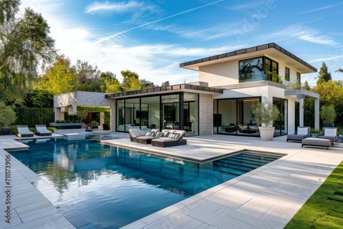 A modern house exterior with a minimalist design, featuring an expansive backyard with a pool and lounge area. Soft daylight accentuates the sleek architectural details and inviting outdoor spaces. © Kuo