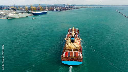 logistic cargo container ship sailing in sea to import export goods and distributing products to dealer and consumers across worldwide