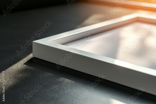 A modern white frame mock-up captured up close on a matte black surface, creating a sleek and contemporary mood. Sunlight gently grazes the frame, emphasizing its clean lines and elegance... © Kuo