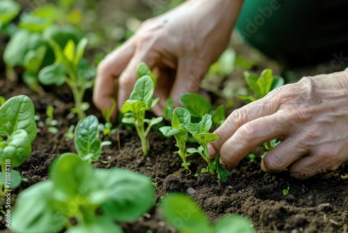 close-up of gardening hands, planting, spring greenery, 