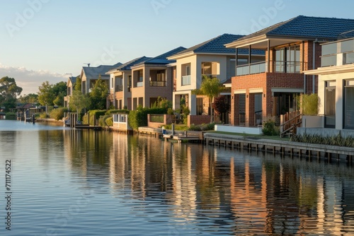 The idyllic sight of modern brick houses lining the water in a family-friendly suburban enclave, soft ambient light during the afternoon accentuates the charm of this waterfront community.