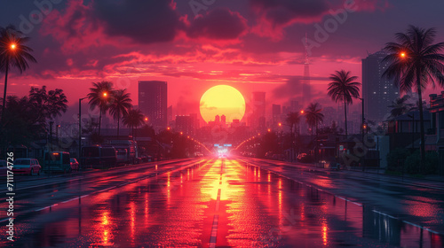 Majestic Sunset Over Gleaming Cityscape Reflecting on Rain-Slicked Street. 