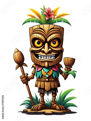 Tiki wooden tribal mascot cartoon character ethnic ornaments design on transparent background