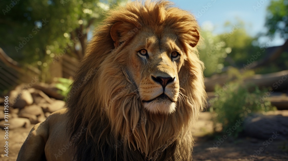 Intense Gaze: Majestic Lion Basking in a Jungle During Day Time - AI-Generative