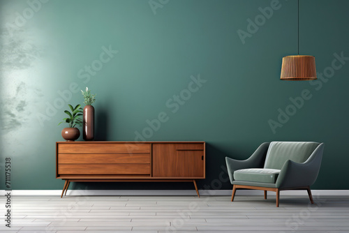 Modern Living Room with White Sofa and Wood Furniture, Light Background and Green Plant