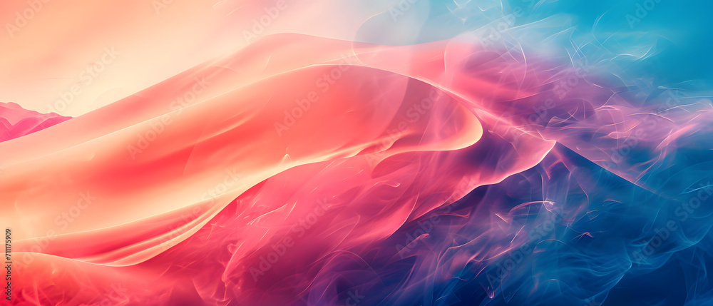 A vibrant haze of swirling colors dances against a backdrop of serene blue and playful pink, evoking a sense of natural beauty and abstract wonder