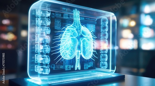 Closeup of a holographic medical display projecting a realistic model of a human organ for examination. photo