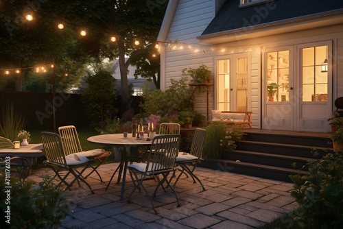 Cozy backyard modern home festooned with garlands in evening, place to relax, generative ai.