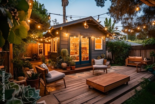 Cozy backyard modern home festooned with garlands in evening, place to relax, generative ai. photo