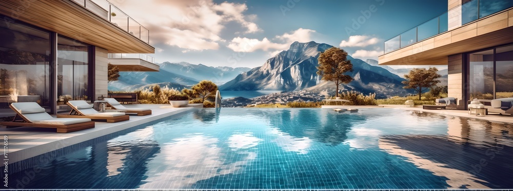 Luxury resort spa pool with mountain views, generative ai.