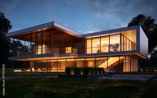 Modern house with big windows, generative ai.