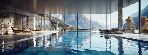 Luxury resort spa pool with mountain views, generative ai.