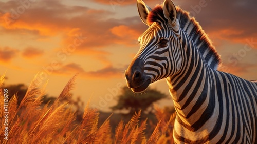 Intense Gaze  Majestic Zebra Basking in Golden Hour Light - AI-Generative