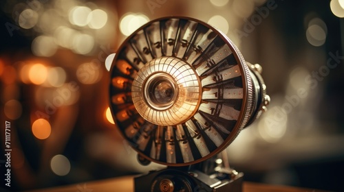 Closeup of a fan shaped like a vintage film camera, with intricate details. photo