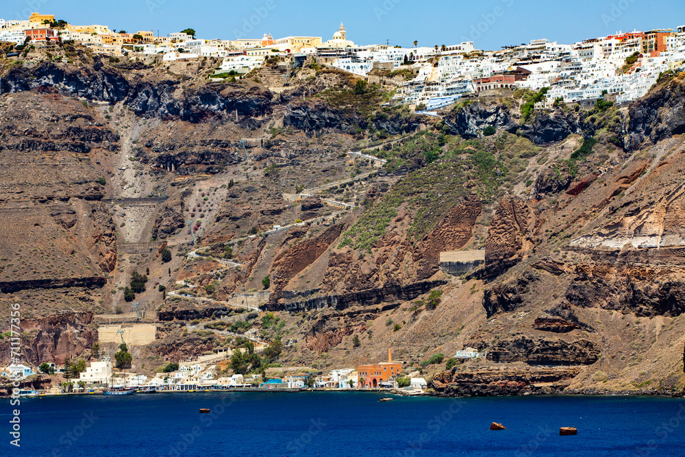 Santorini island. Greece. Wall of the Minoan caldera, with town of Thira