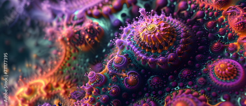 A mesmerizing fractal art depicting a vibrant reef teeming with invertebrates and other animal life, evoking a sense of wonder and awe at the intricate beauty of coral