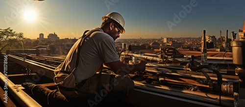 worker working on roof structure on construction