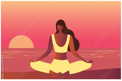 Woman sitting on meditation in sunset beach background vector illustration Yoga, meditation, relax, recreation, healthy lifestyle concept background 