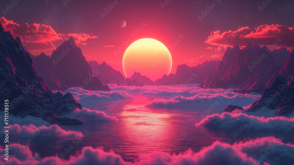 Majestic Sunset Over a Tranquil Sea of Clouds Amidst Towering Mountains. 