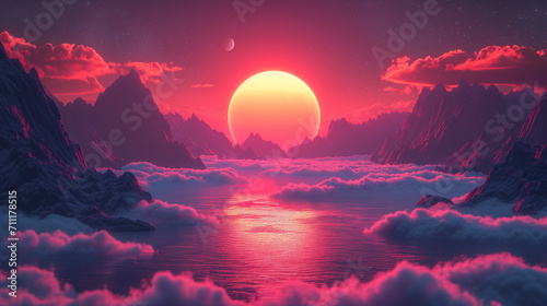 Majestic Sunset Over a Tranquil Sea of Clouds Amidst Towering Mountains. 