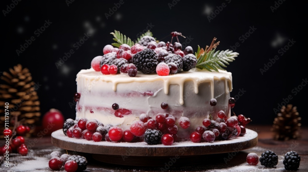 Christmas cake with berries and fir tree Christmas cake with berries and fir tree