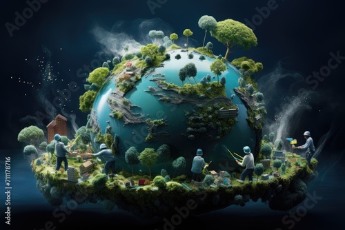 eco concept It shows the collaborative efforts of people who care for the earth, the importance of water, land, forests and animals.