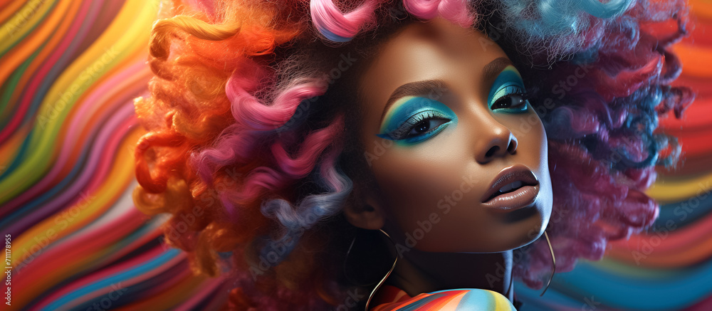 Portrait of beautiful woman with colorful spiral hair with make-up , Fashion design art concept. Generative AI