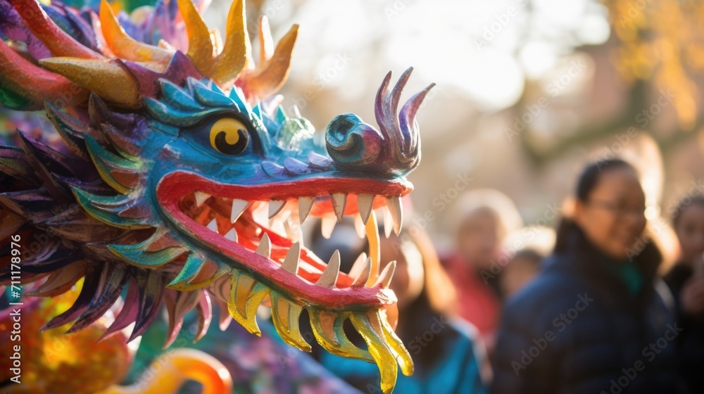 Closeup of a giant papermache dragon, intricately designed and carried by a group of young family members to represent their cultural significance in the parade.